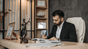 a lawyer sitting at the table