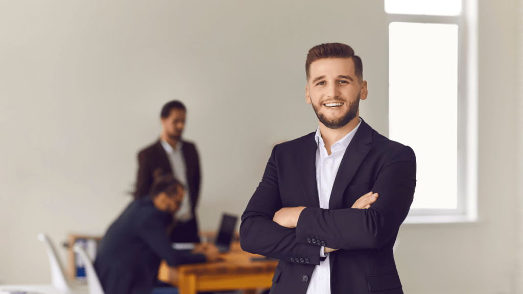 smiling office worker wearing formal attire